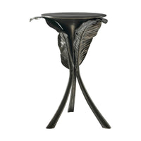 Side view of tripod accent table with leaf details.