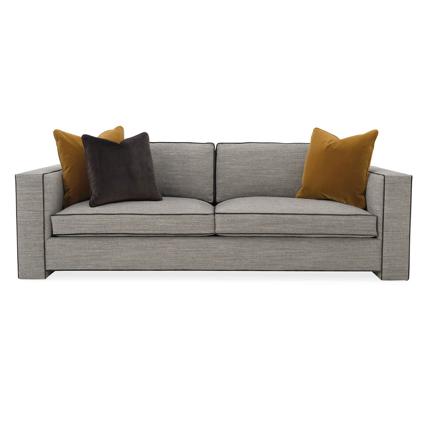 Front view of gray sofa with contrast pillows.