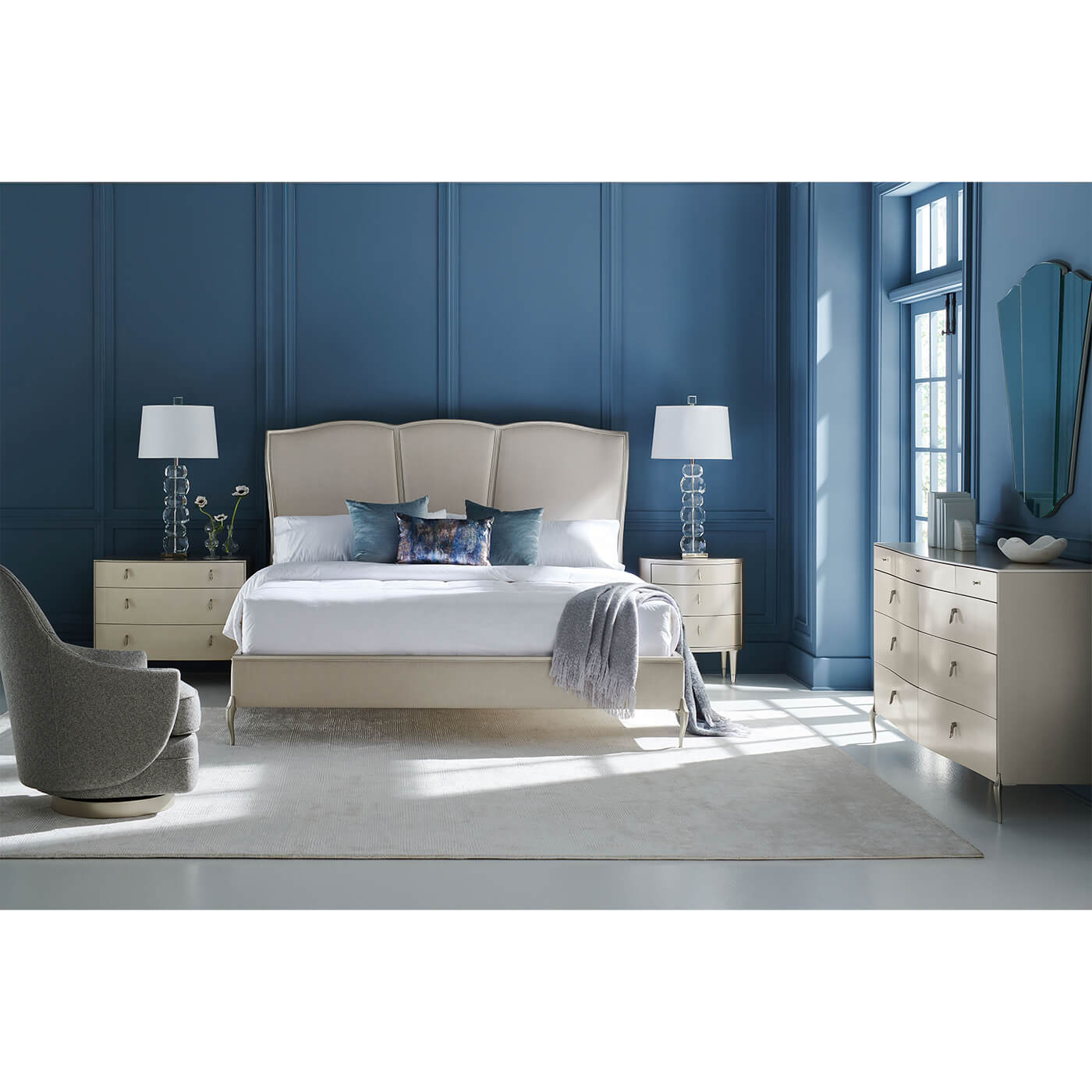Parisian Upholstered King Bed in elegant bedroom setting.