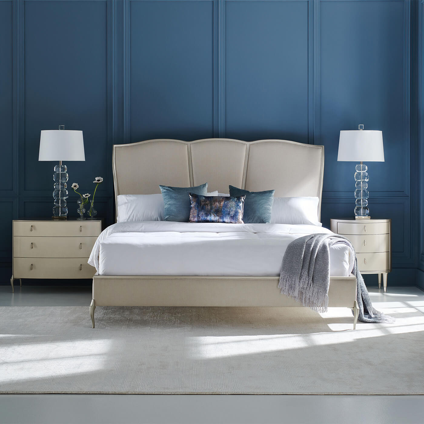 Parisian Upholstered King Bed in chic modern bedroom.