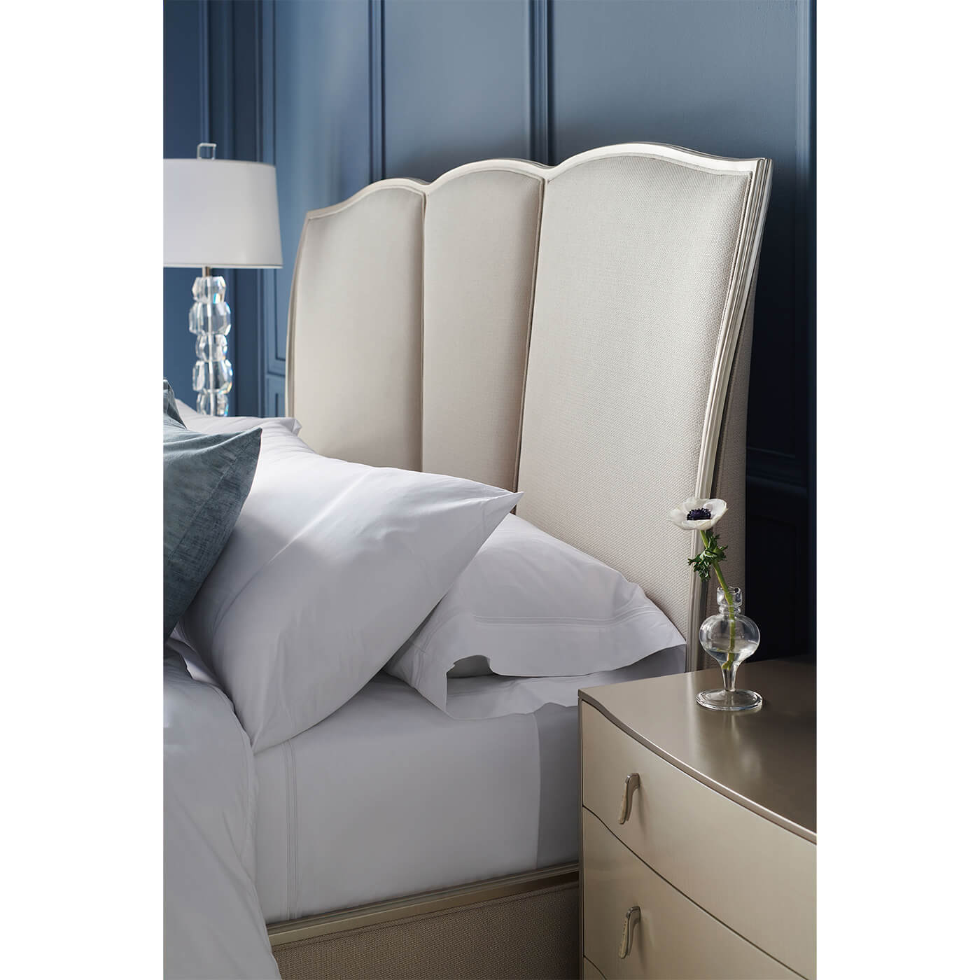Side detail of Parisian Upholstered King Bed headboard.