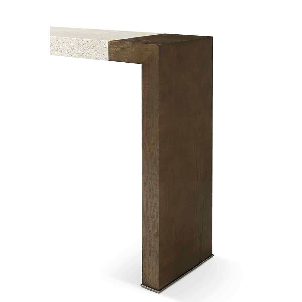 Close-up angled view of console table corner.
