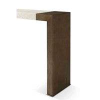 Close-up angled view of console table corner.