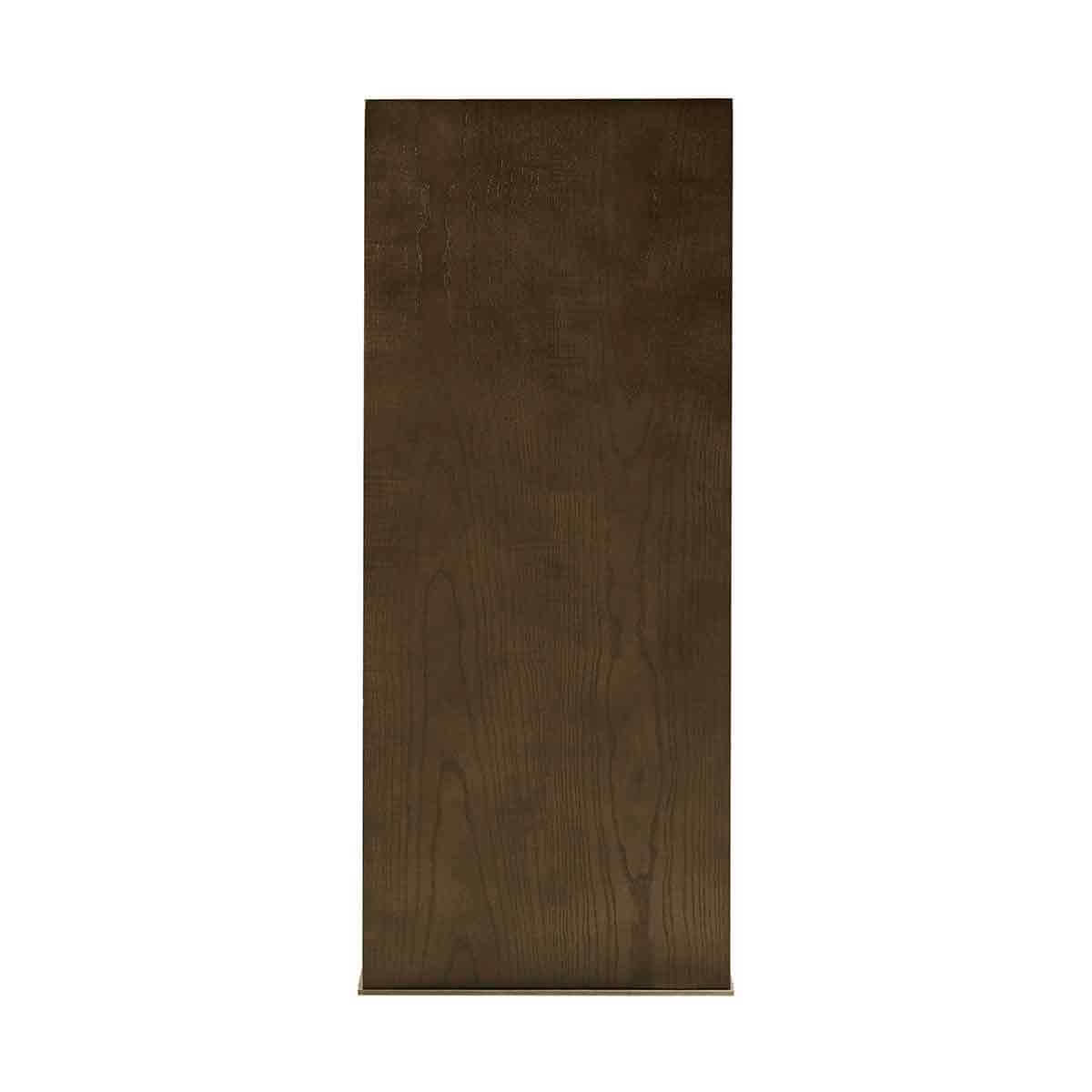 Side panel of dark wood console table.