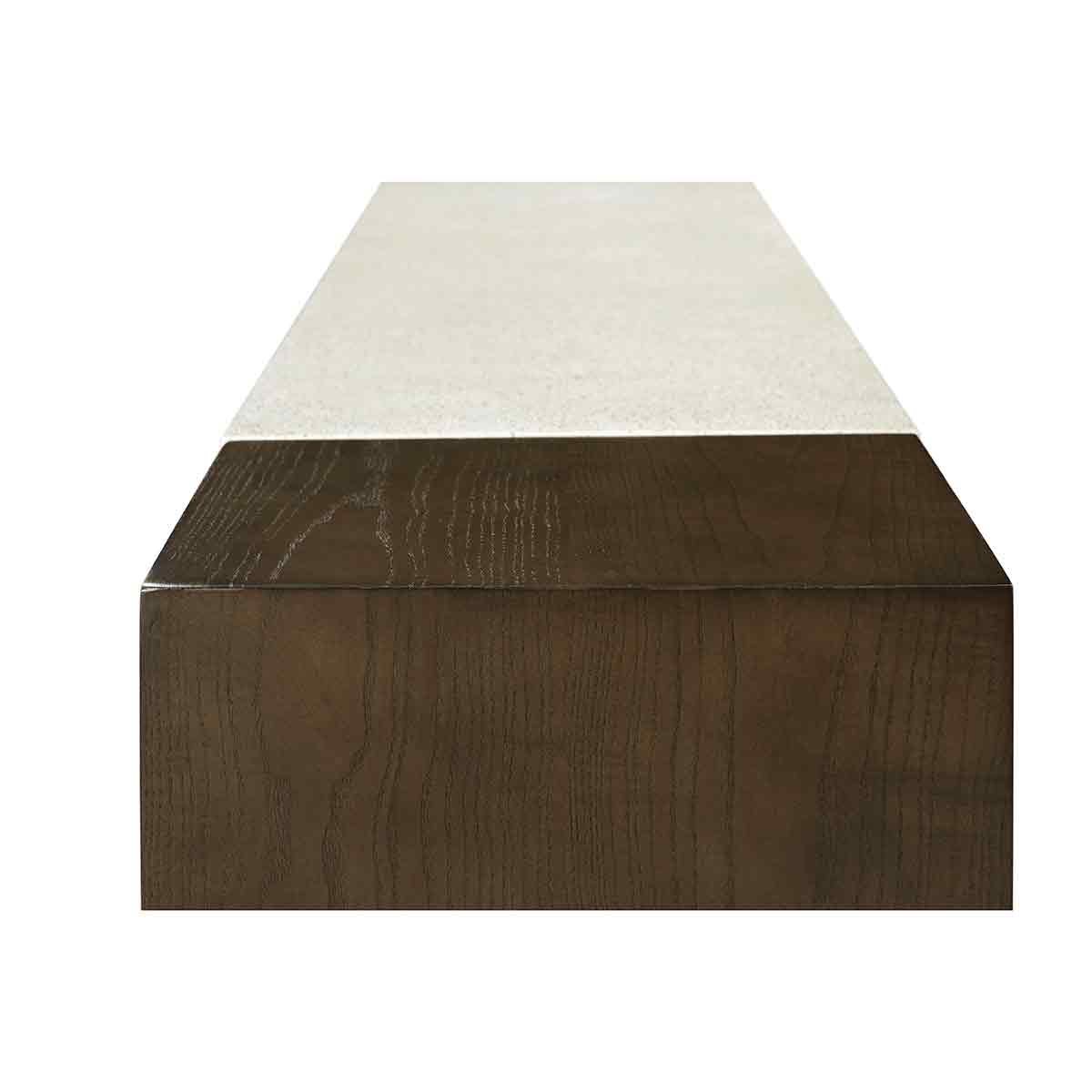 Close-up top end view of console table surface.