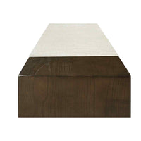 Close-up top end view of console table surface.