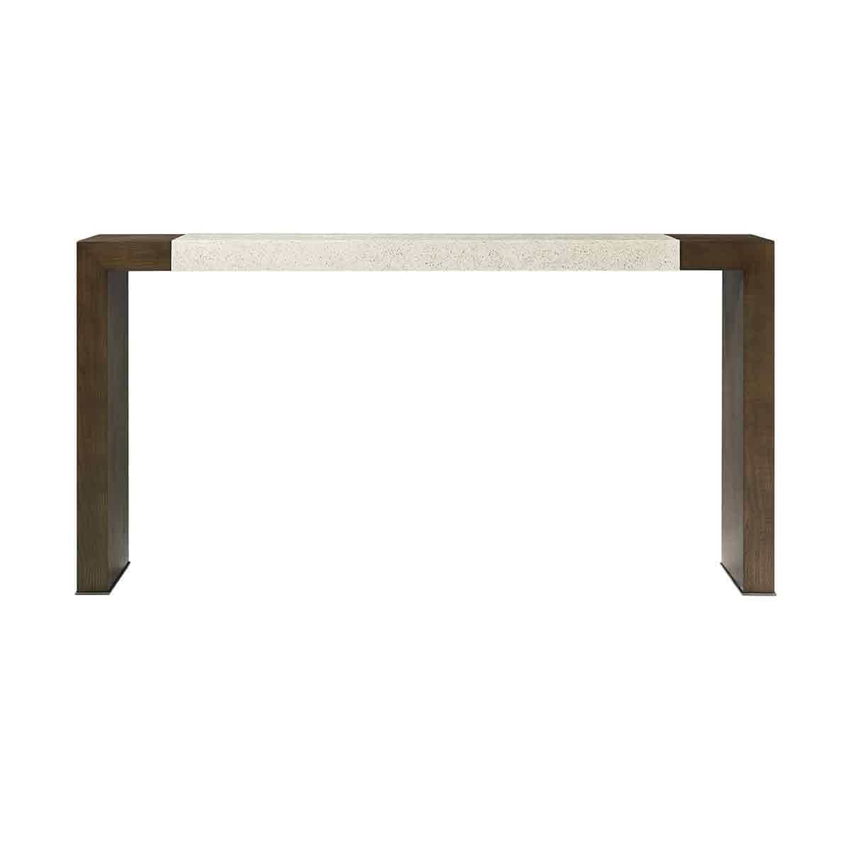 Front view of dark wood console table.