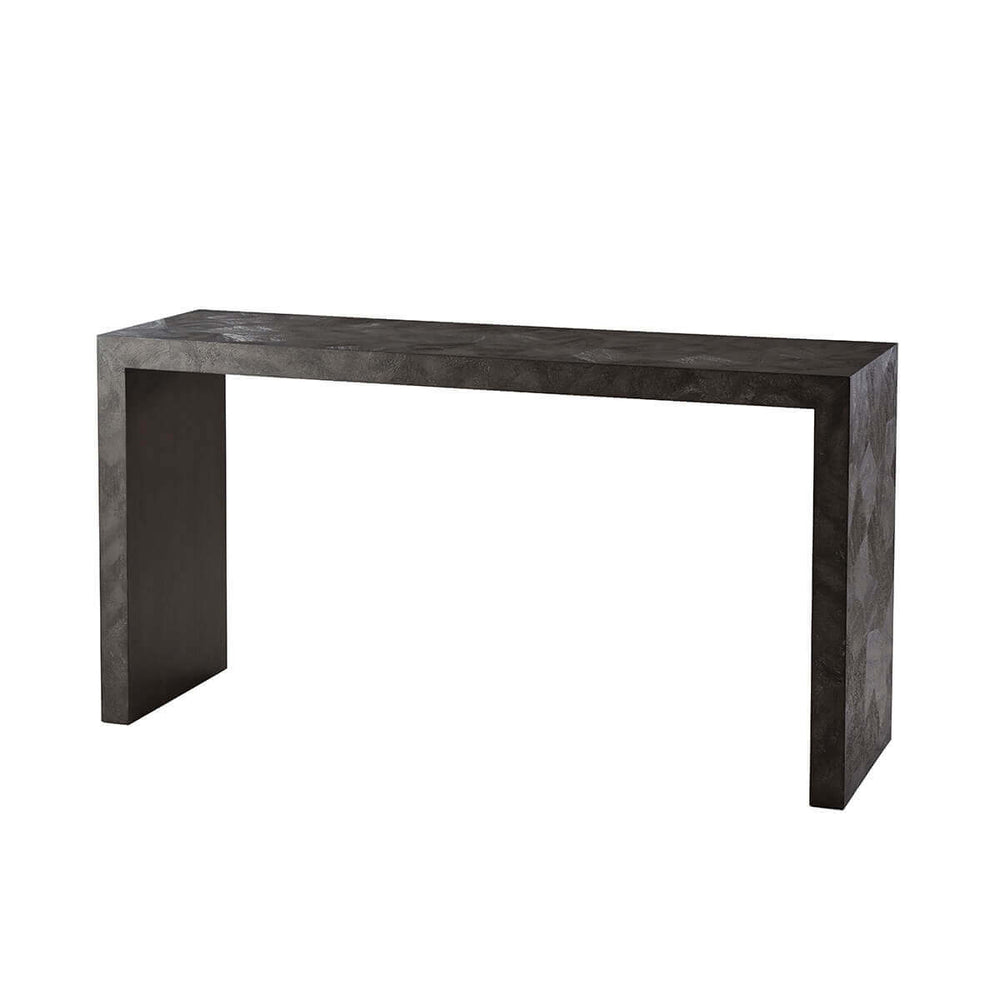Black Parsons console table side view.