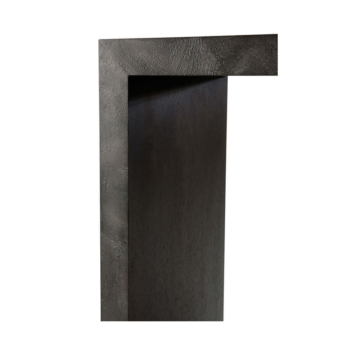 Side angle of Parsons console table edge.