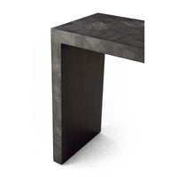 Close-up corner of Parsons console table design.