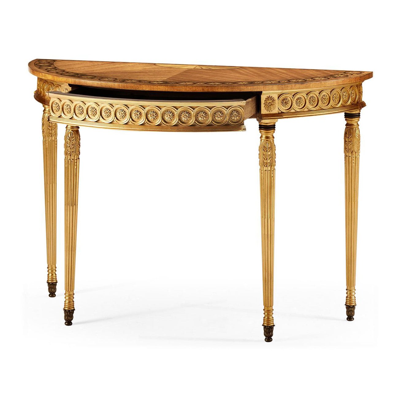 Giltwood demi-lune console table, with visible drawer.
