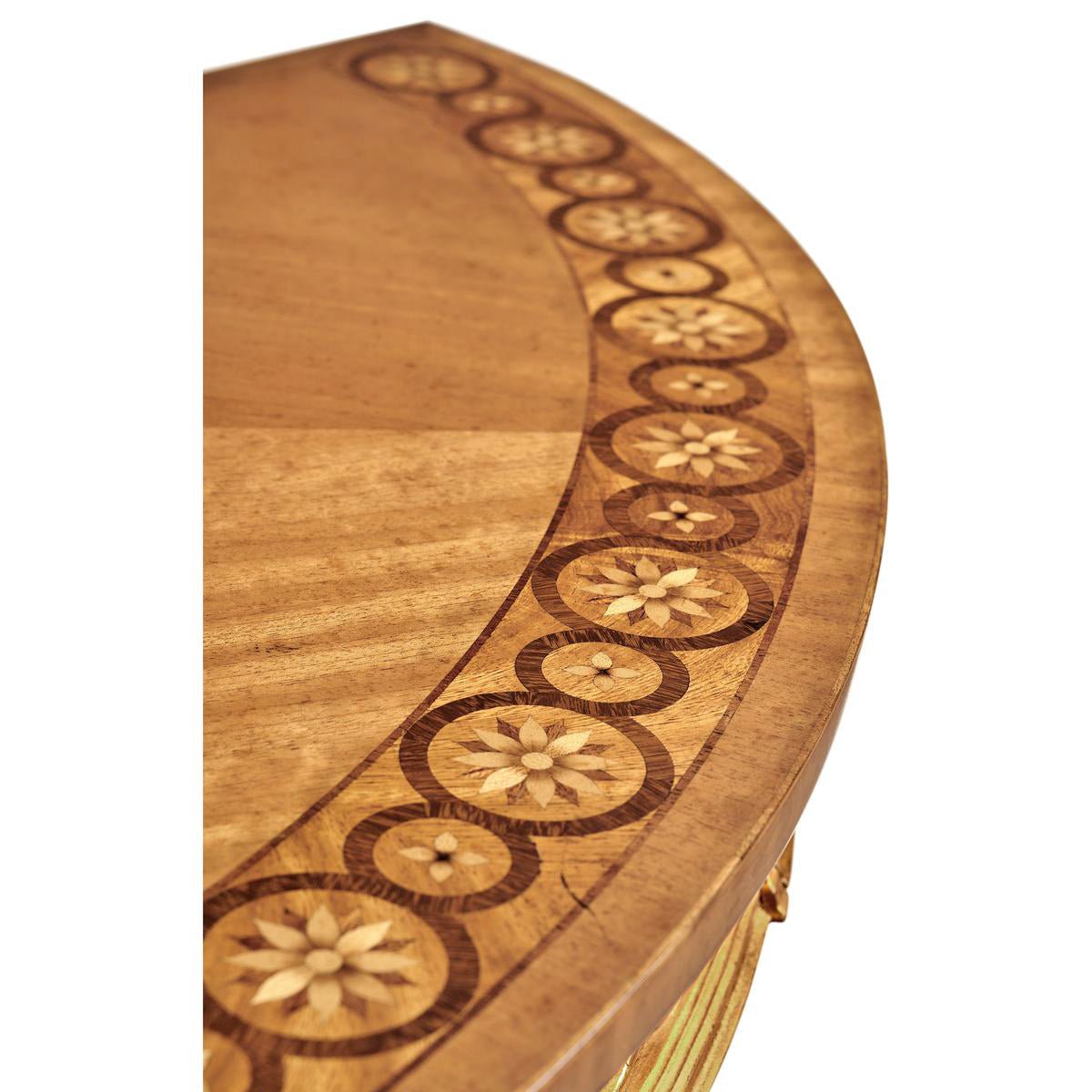 Close-up of table's intricate marquetry design.