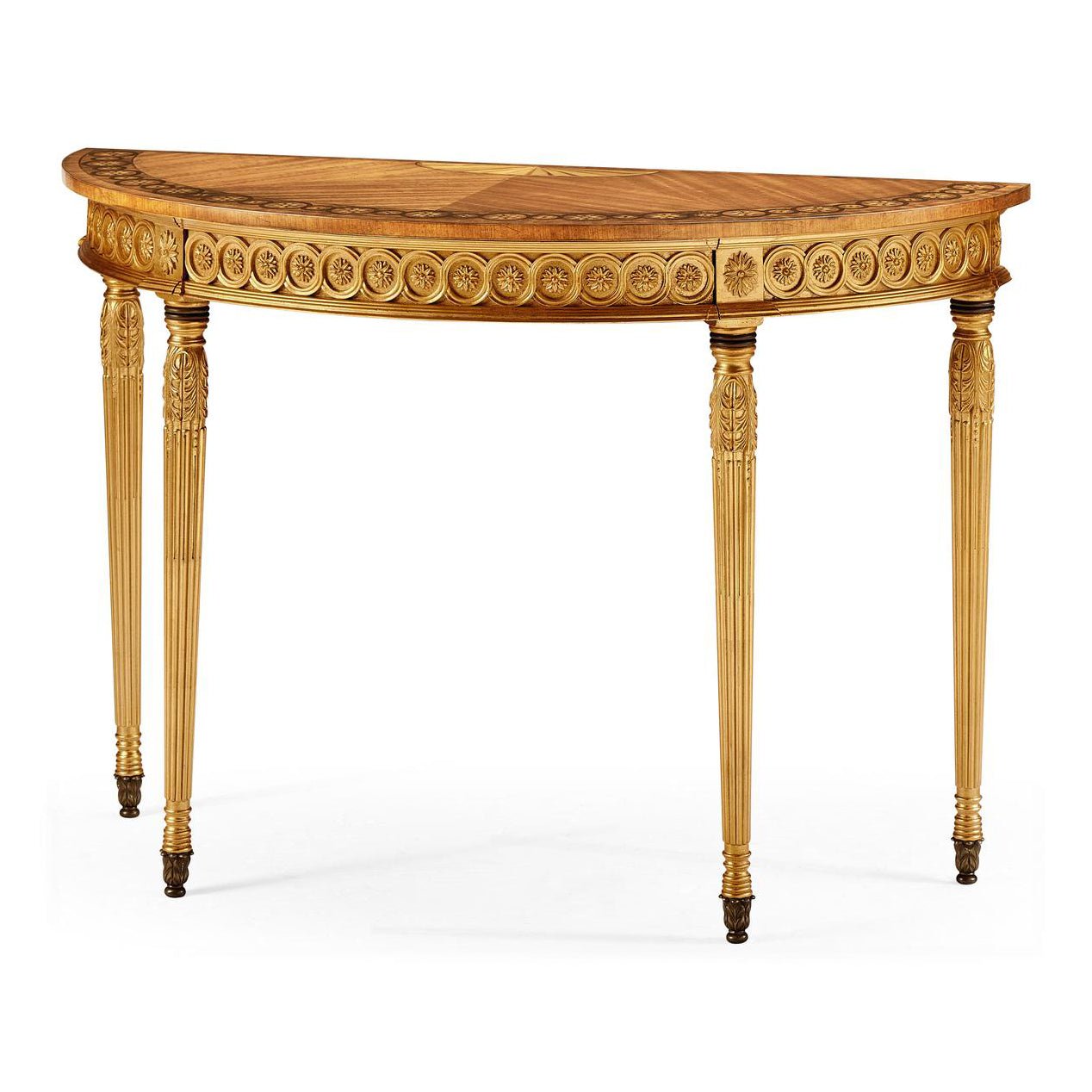 Neoclassical giltwood demi-lune console table, full view.