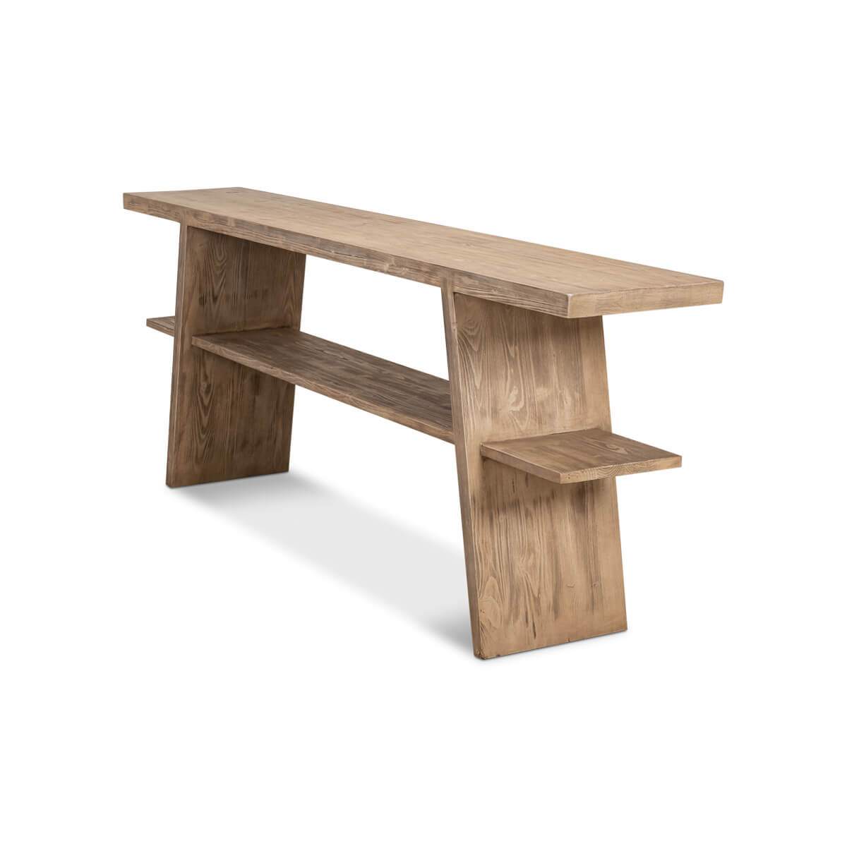 Side angle of console table showing shelf detail.