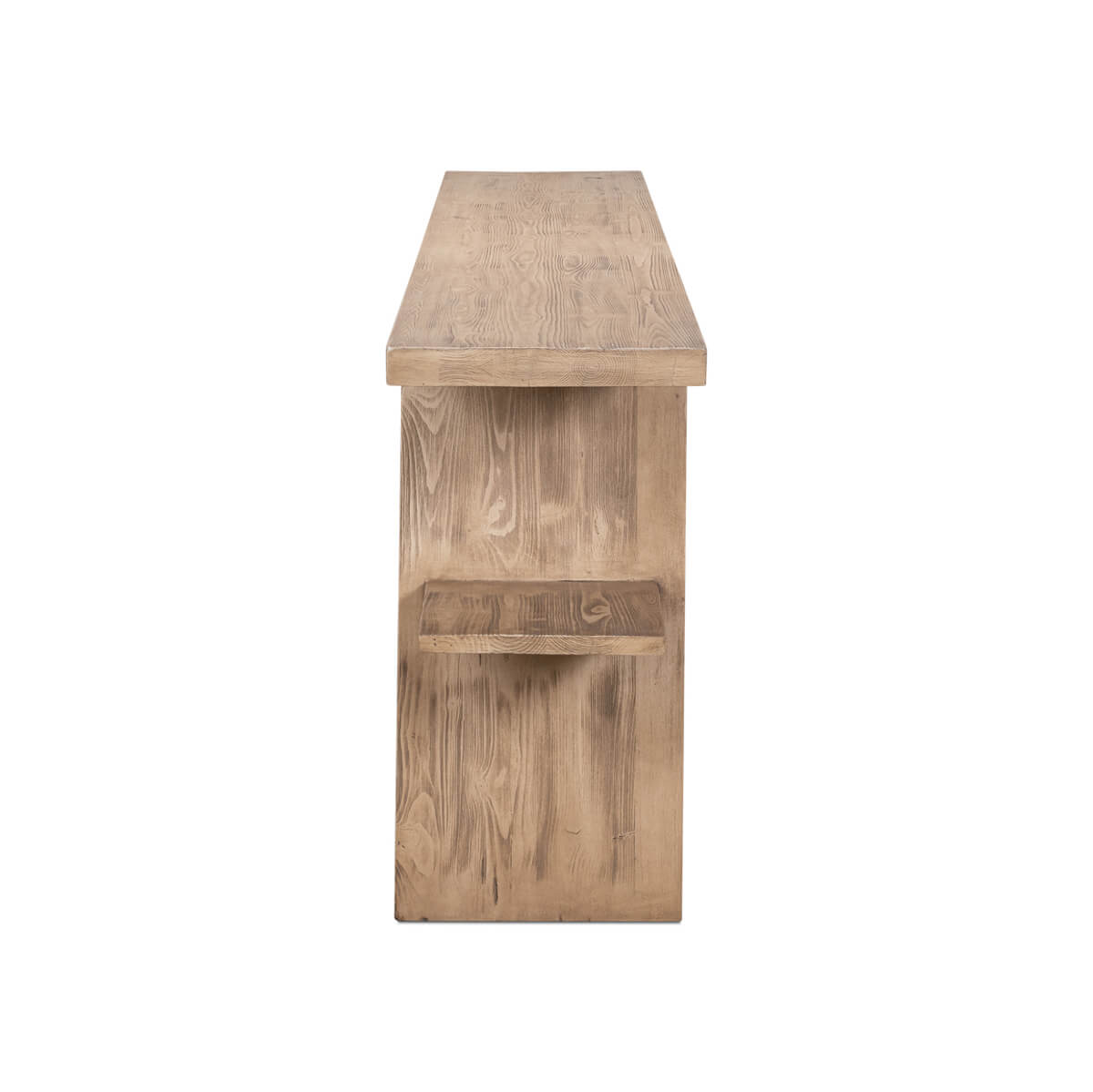 Side profile of console table showing wood texture.