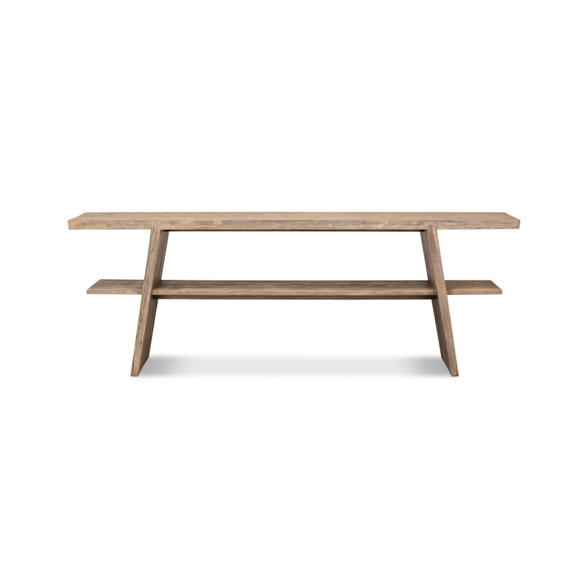 Front view of pine console table and shelves.