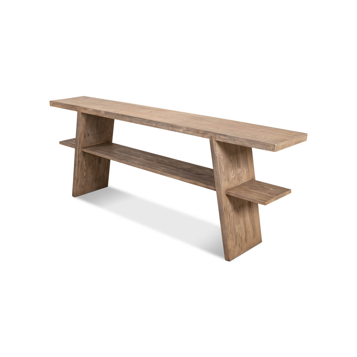 Rear angle of pine console table with two shelves.