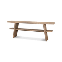 Angled view of pine console table with shelves.