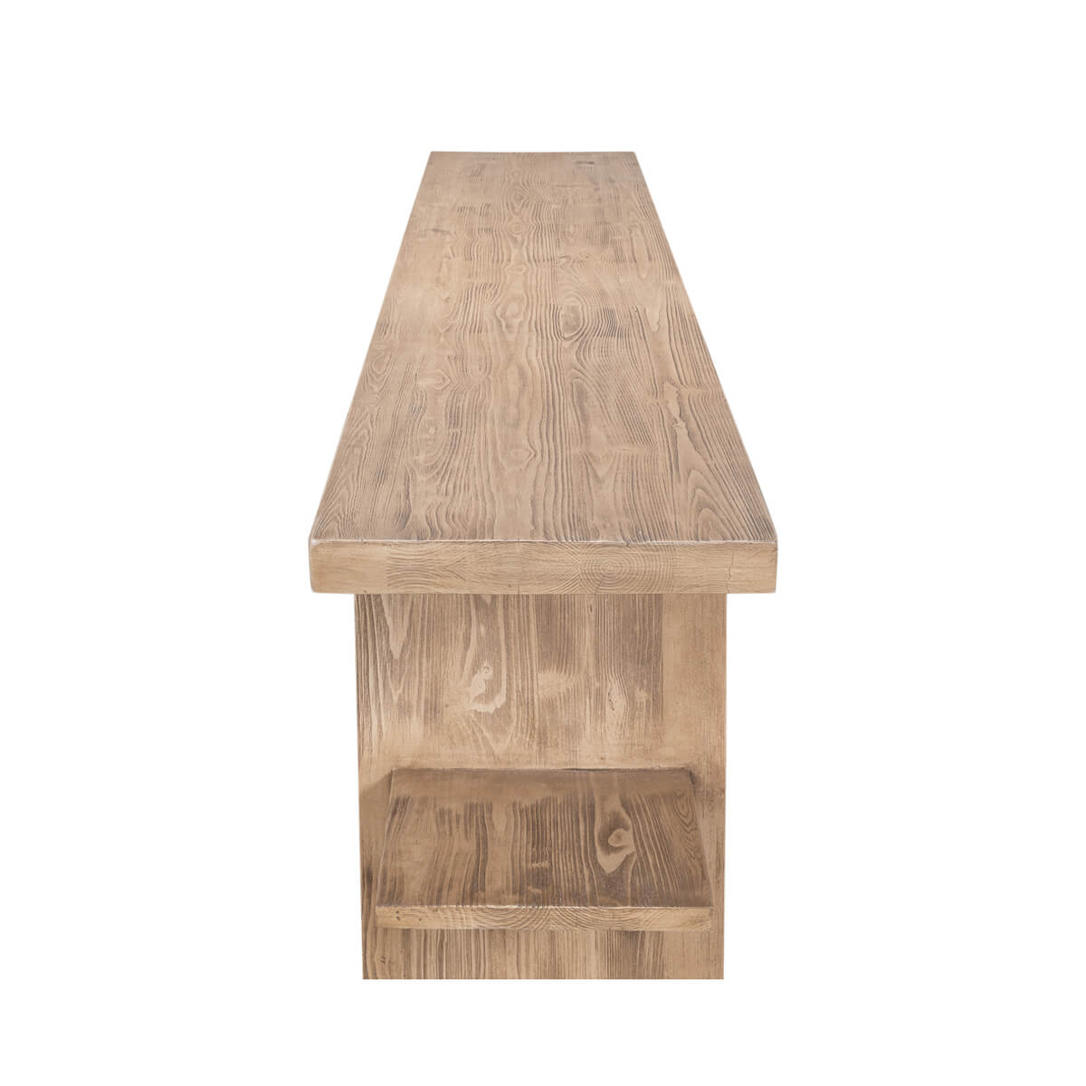 End view of pine console table and shelf.