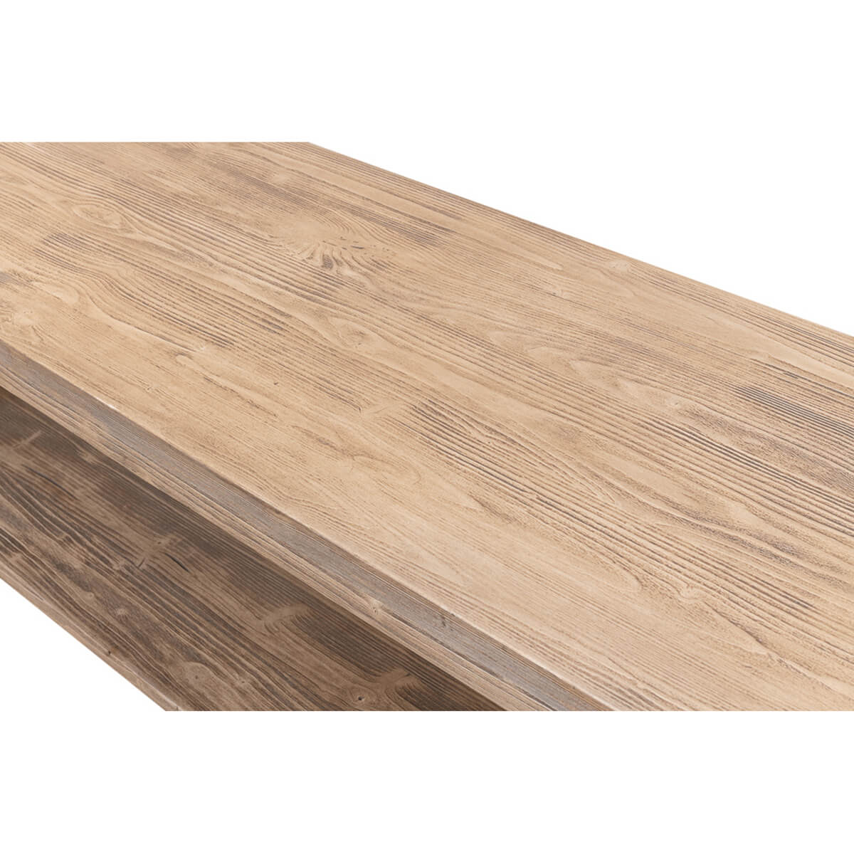 Top close-up of console table showing wood grain.