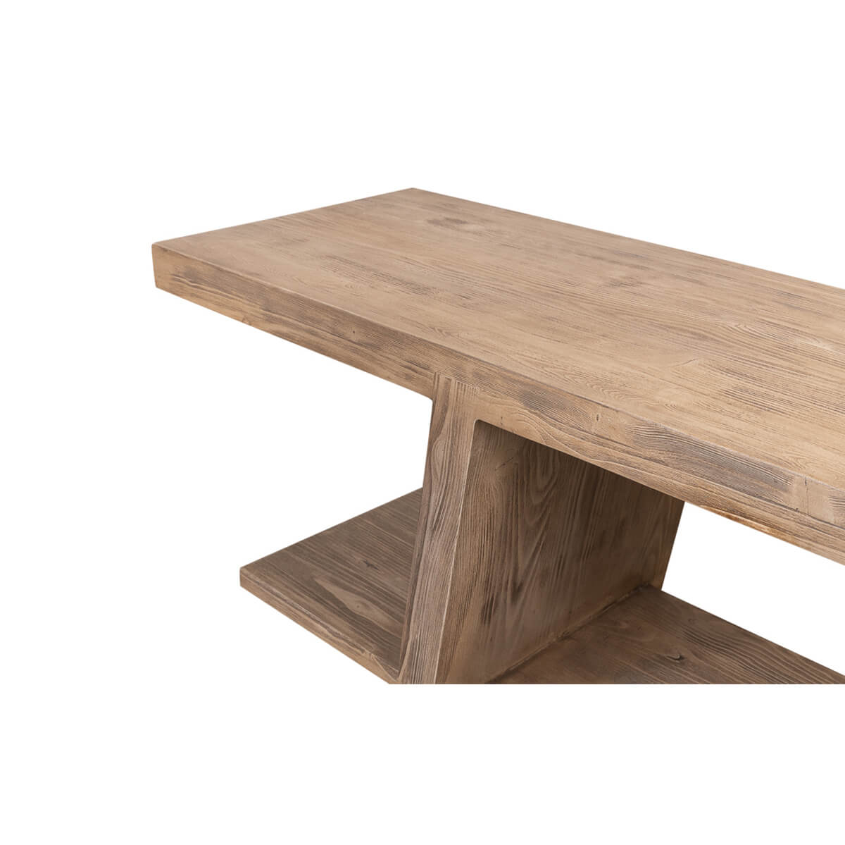 Close-up of console table corner and wooden finish.