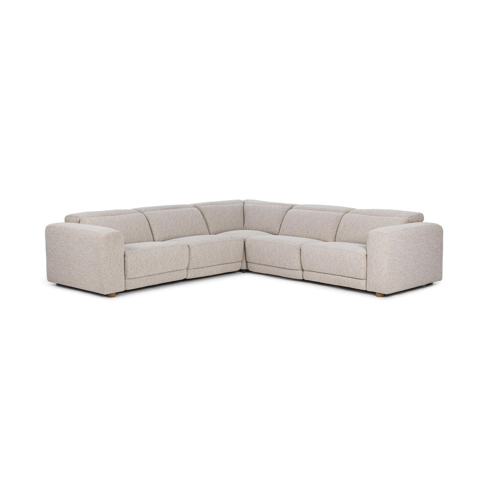 Front corner view of gray five-piece power reclining sectional with lowered headrests and padded arms