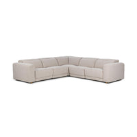 Front corner view of gray five-piece power reclining sectional with lowered headrests and padded arms