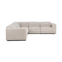 Angled view of gray sectional showing its corner arrangement with the recliners closed