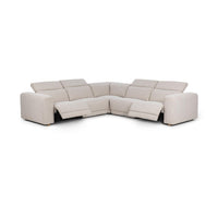 Front view of gray corner sectional with both end footrests extended and headrests raised