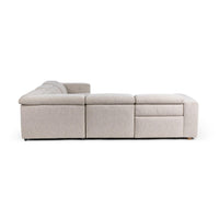 Rear view of gray sectional showing the upholstered back panels and lowered headrests