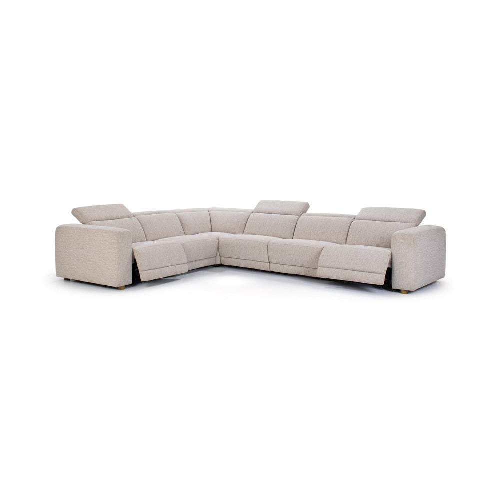 Angled front view of gray six-piece power reclining sectional with raised headrests and open footrests