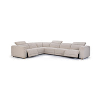 Angled front view of gray six-piece power reclining sectional with raised headrests and open footrests