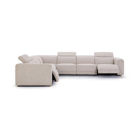 Front-angle view of gray power reclining sectional with headrests raised and footrests extended