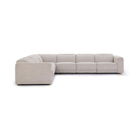Opposite front-angle view of gray sectional with low headrests and square upholstered arms