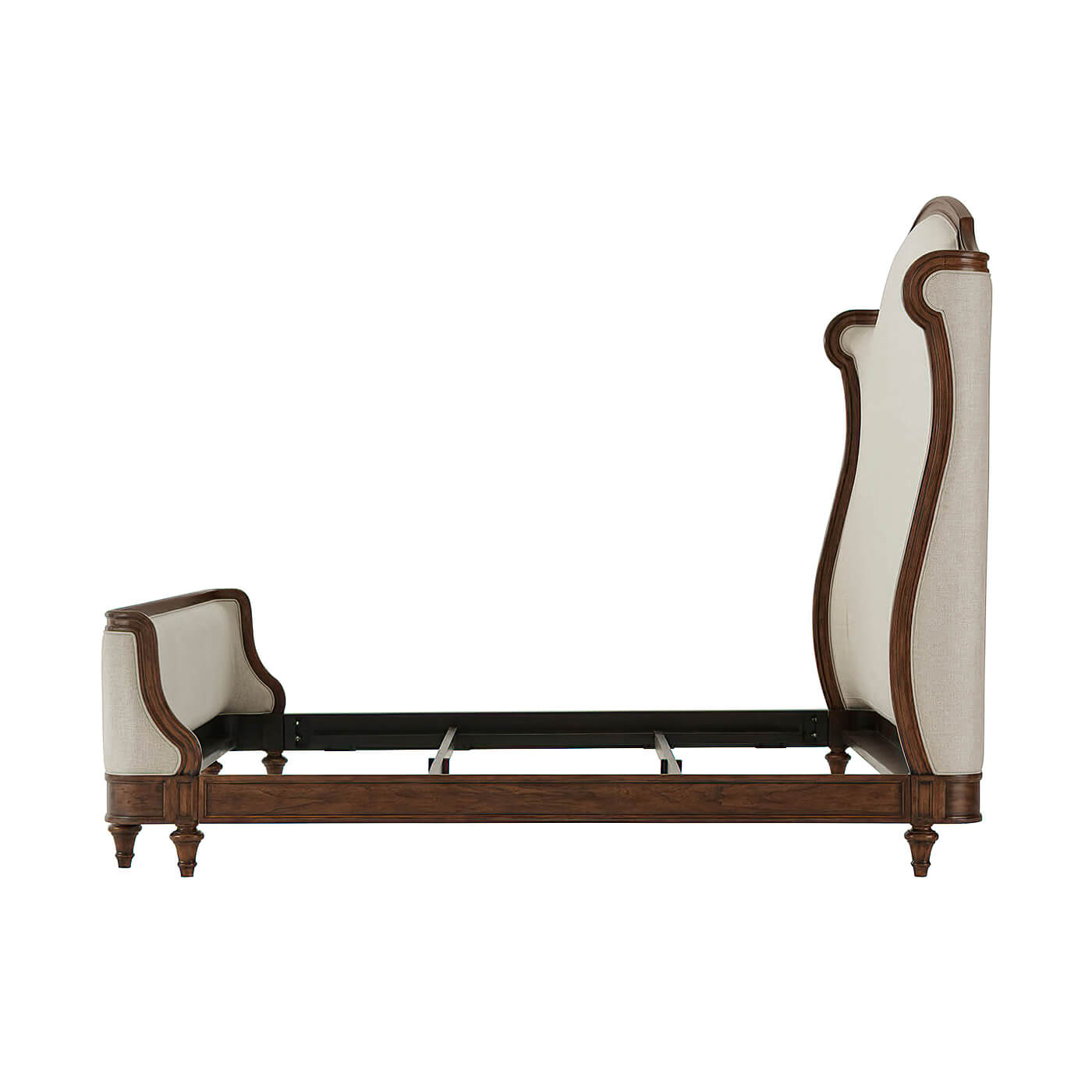 Side view of bed frame, showing structure and design.