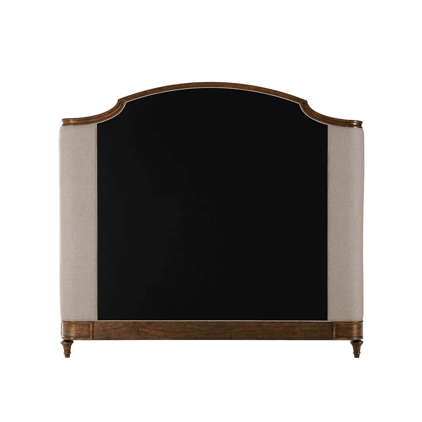 Back view of headboard, dark fabric and wood.