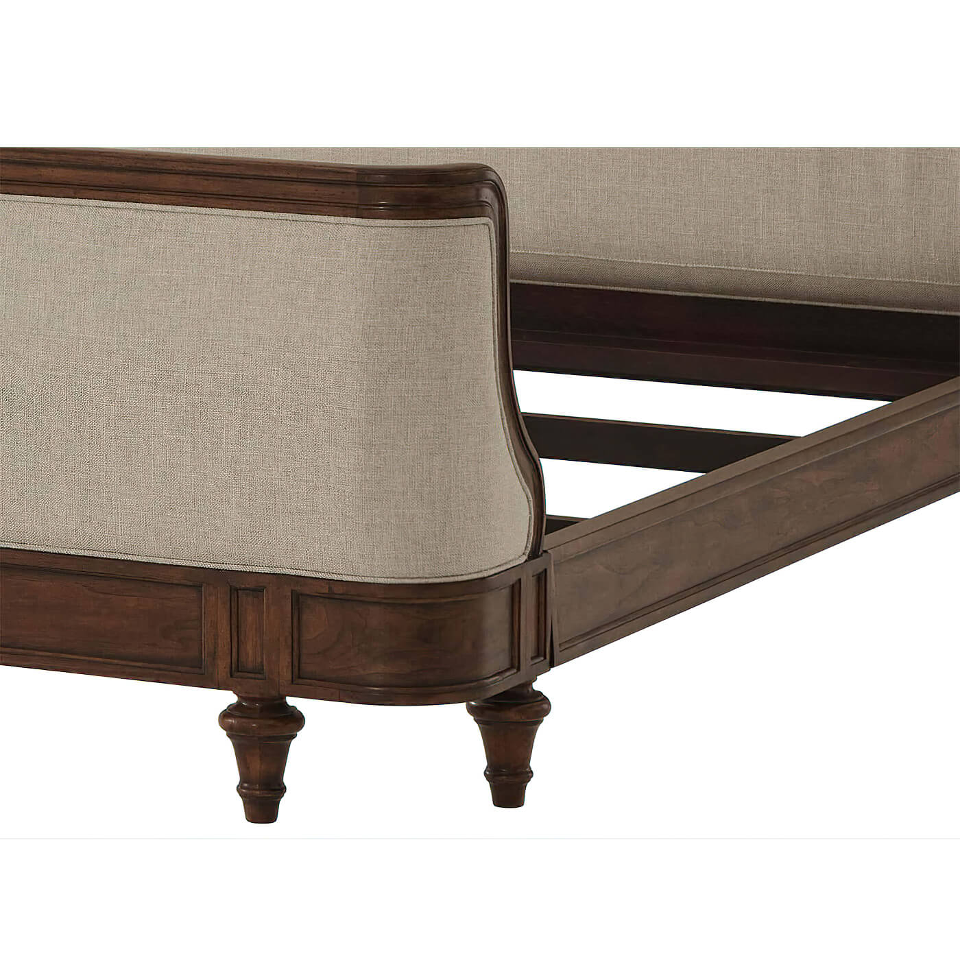 Close-up of bed leg and frame detailing, wooden finish.
