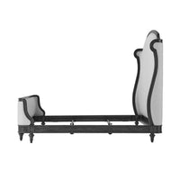 Profile view of queen size bed with no mattress.