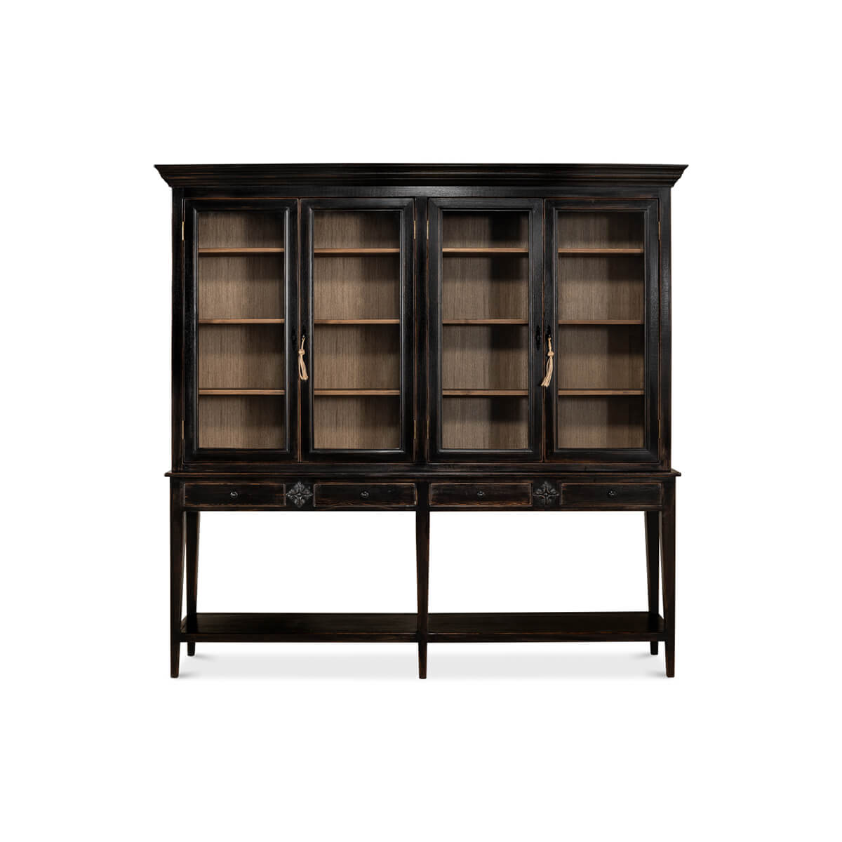 Front view of ebonized display cabinet, glass shelving bookcase.