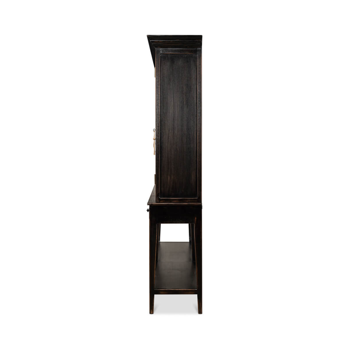 Side profile of ebonized display cabinet, bookcase structure.