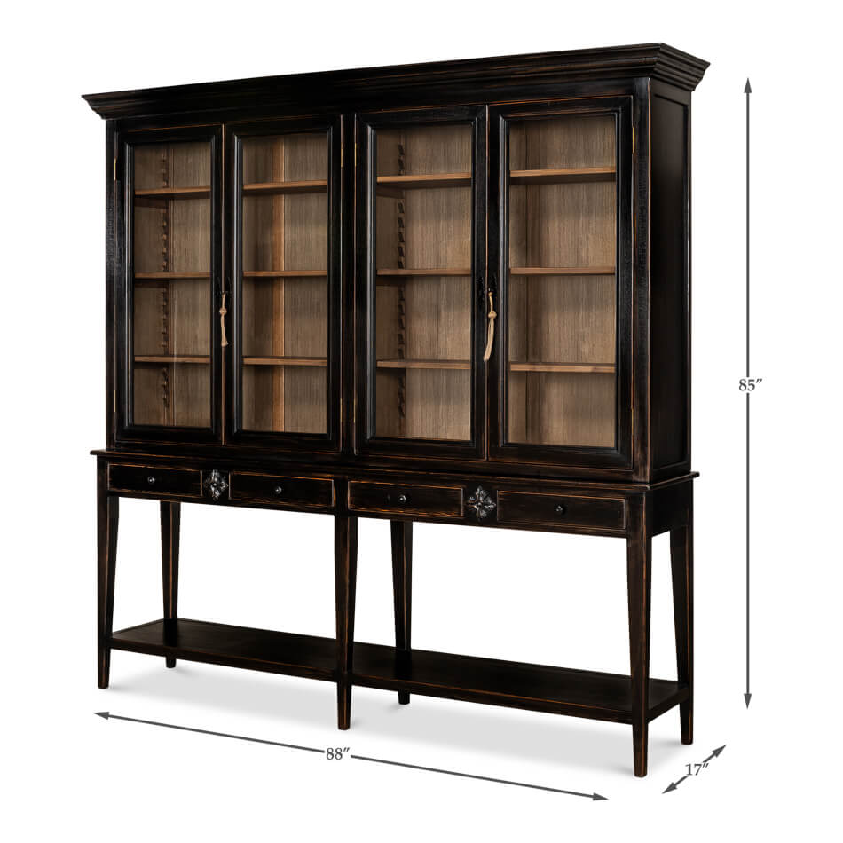 Dimensions of ebonized display cabinet, full view bookcase.