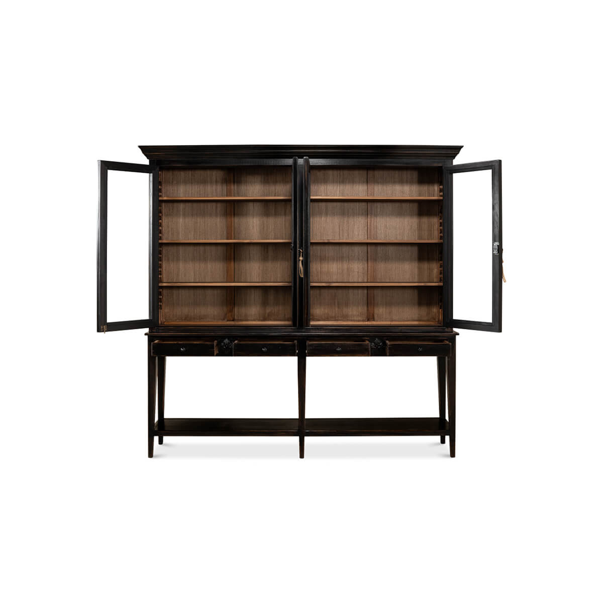 Ebonized display cabinet open doors, interior shelves exposed.