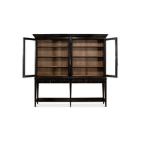 Ebonized display cabinet open doors, interior shelves exposed.