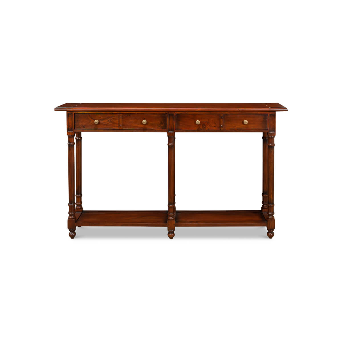 Full front view of wooden console table, two drawers.