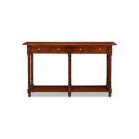 Full front view of wooden console table, two drawers.