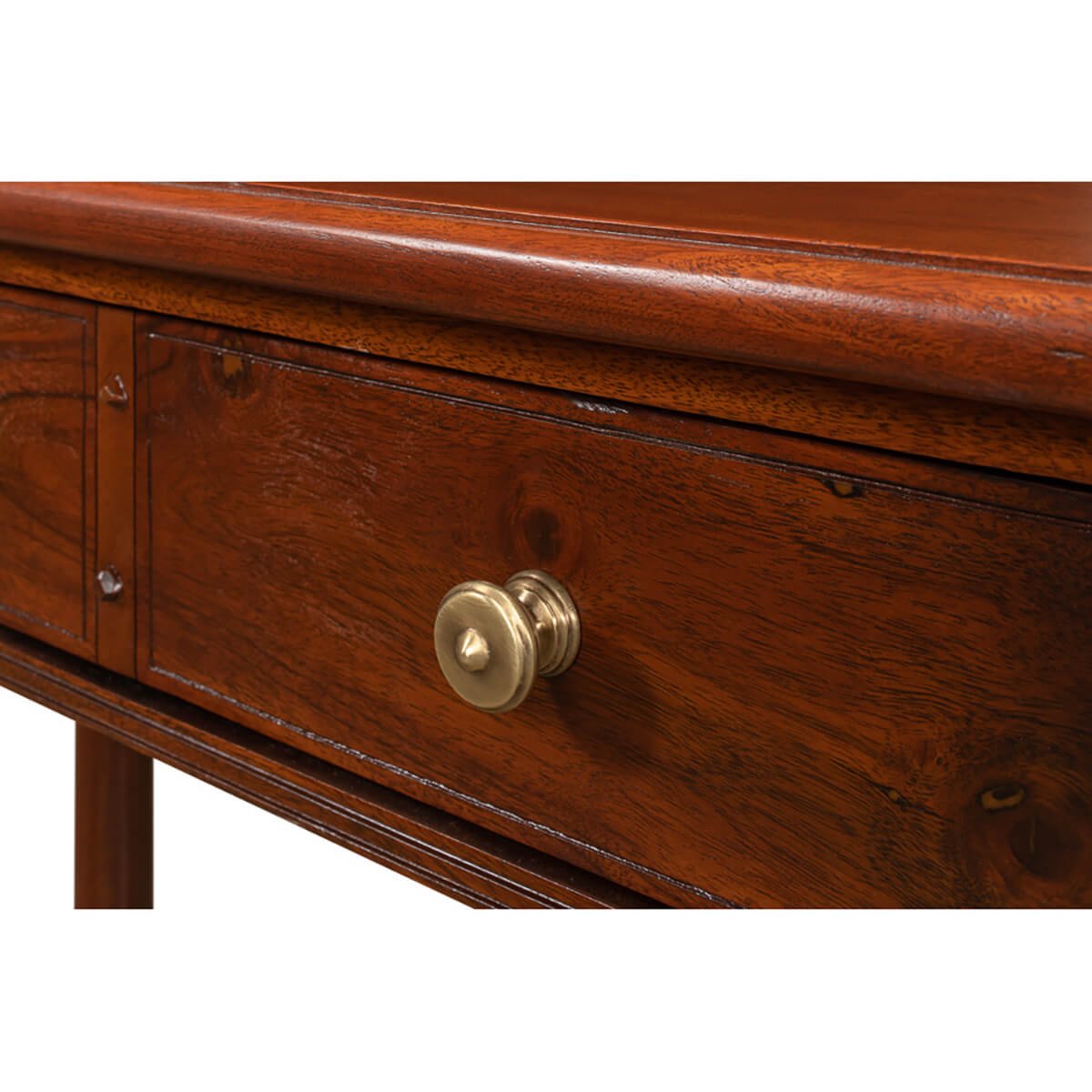 Close-up of front drawer with knob on console.