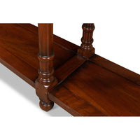 Detailed view of bottom shelf and legs on console.