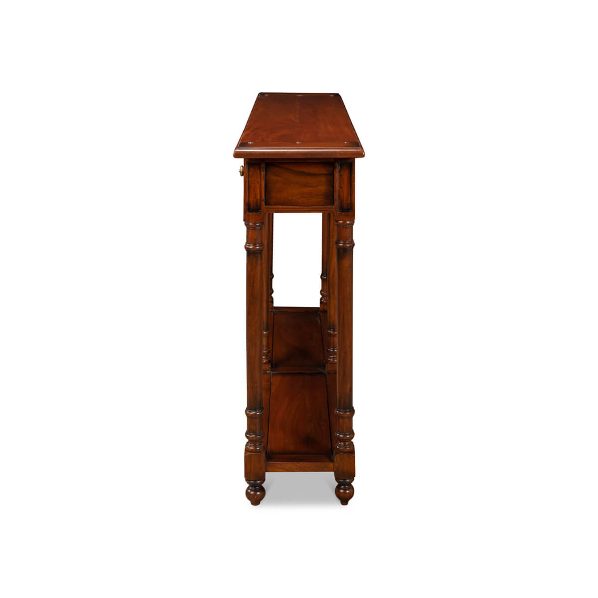 Side profile of wooden console table, detailed legs.