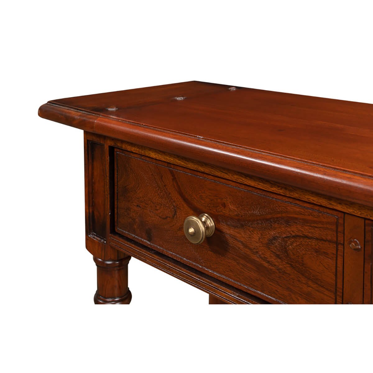 Close-up of console table drawer with brass knob.