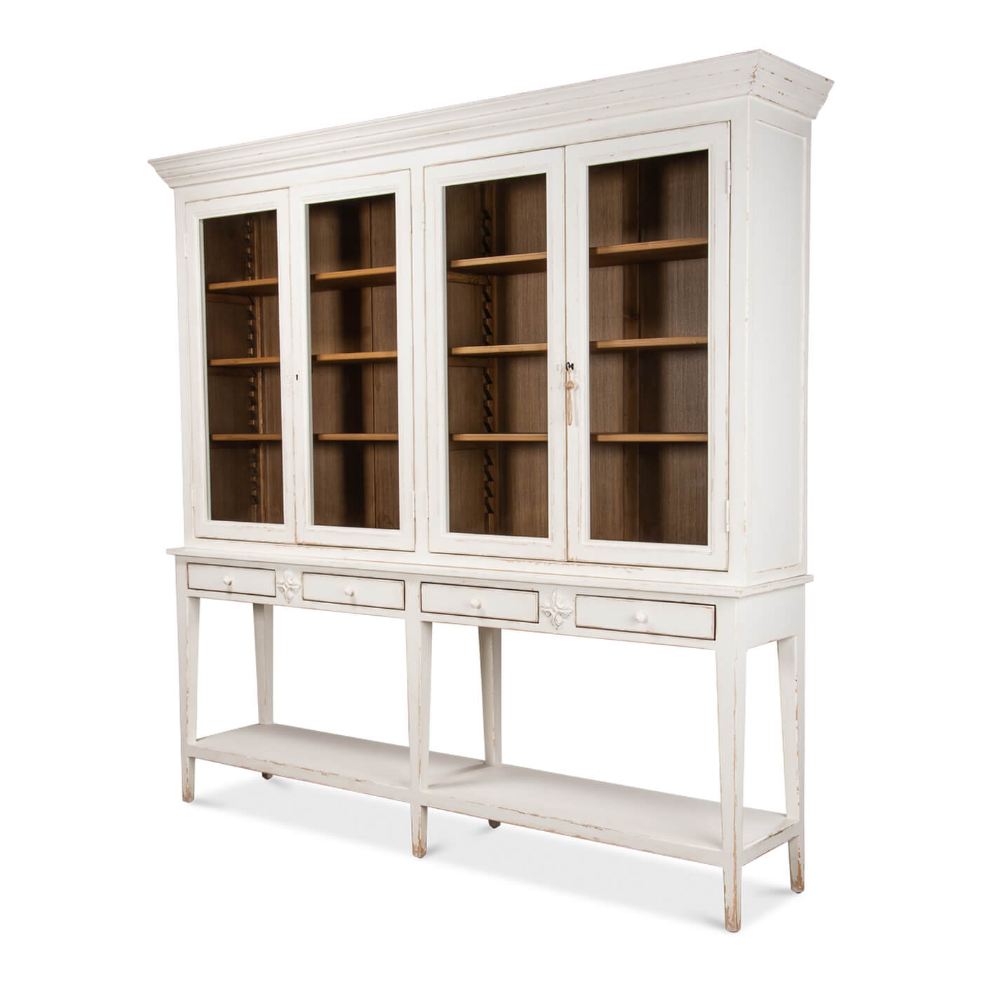 Angled view of display cabinet showcasing structure and shelves.